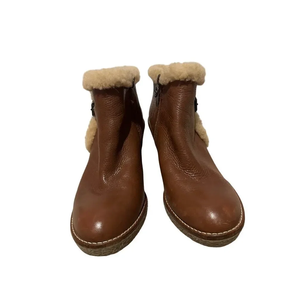 Sam Edelman Leather Size 7 Tan Brown Sherpa Lined Wedge Booties